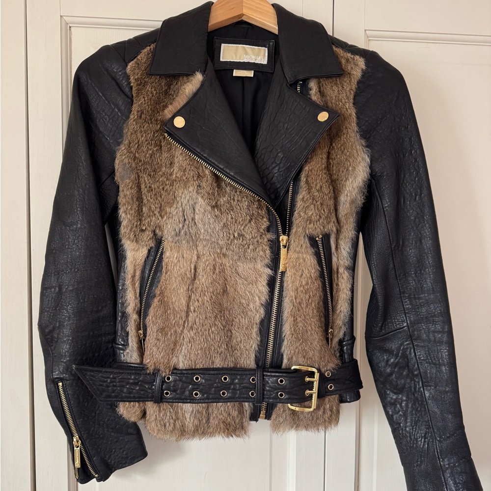 Michael Kors Leather biker jacket with rabbit fur